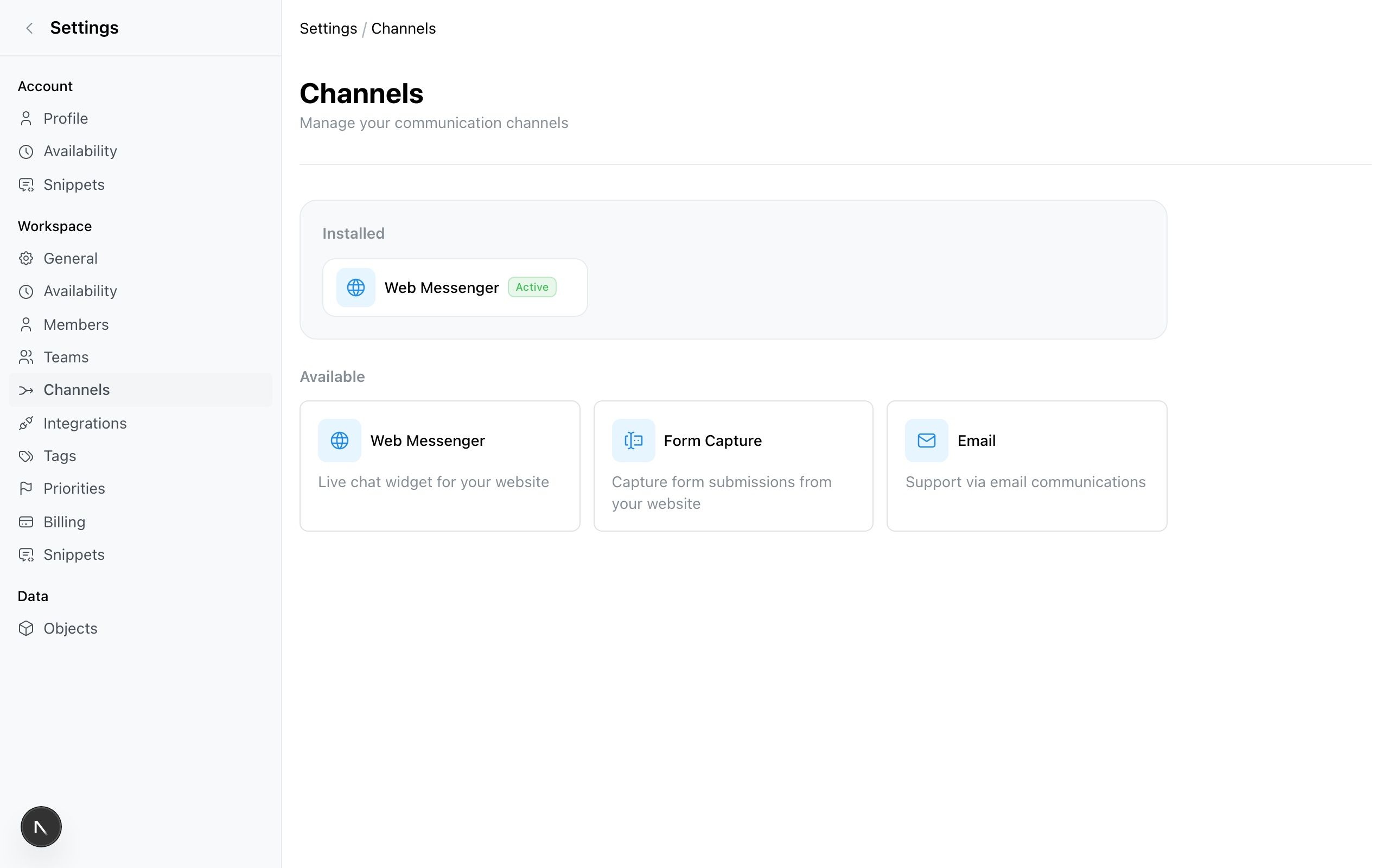 Channels settings page showing installed channels and available channel types