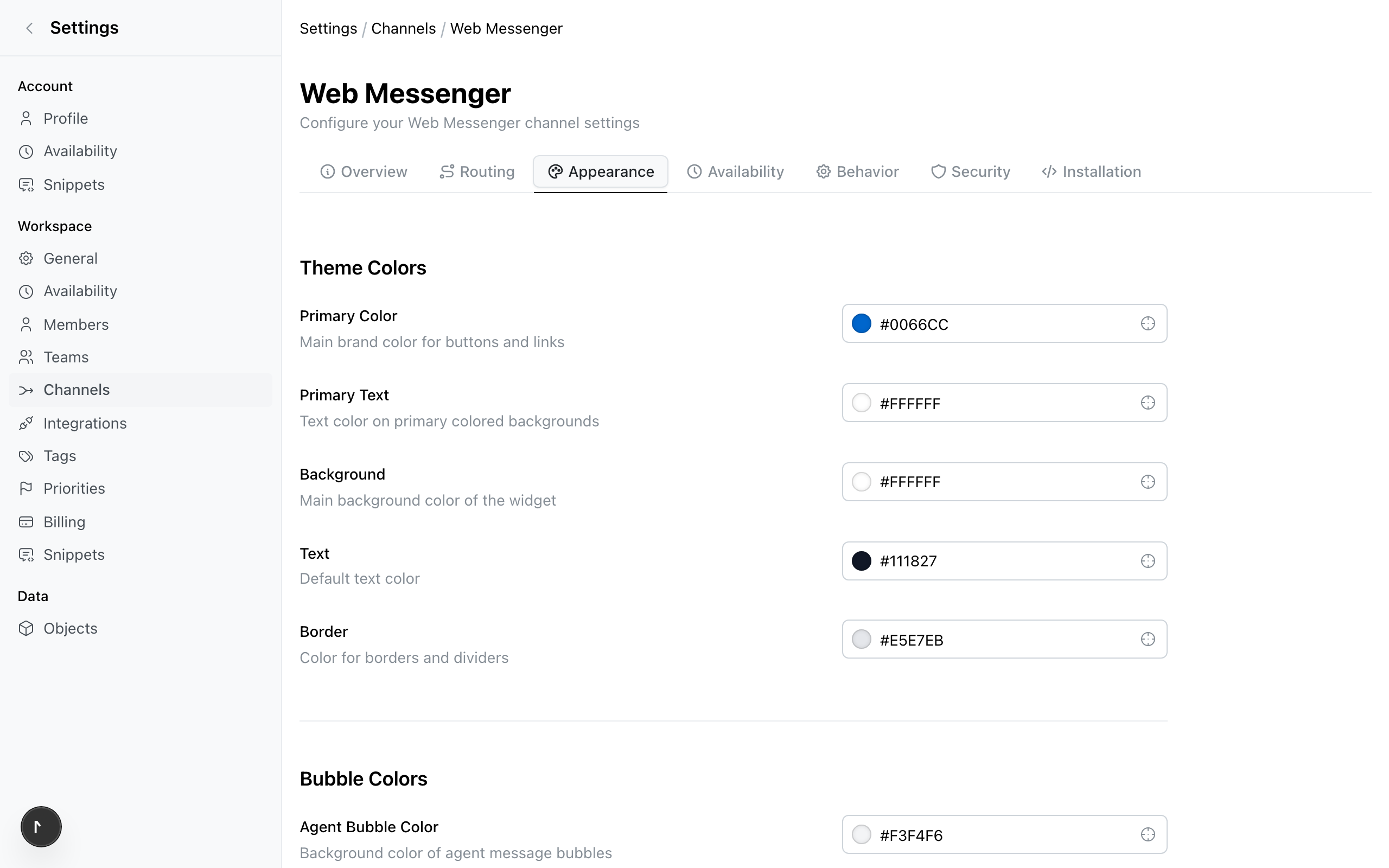Messenger channel appearance tab with theme colors, position, and launcher settings
