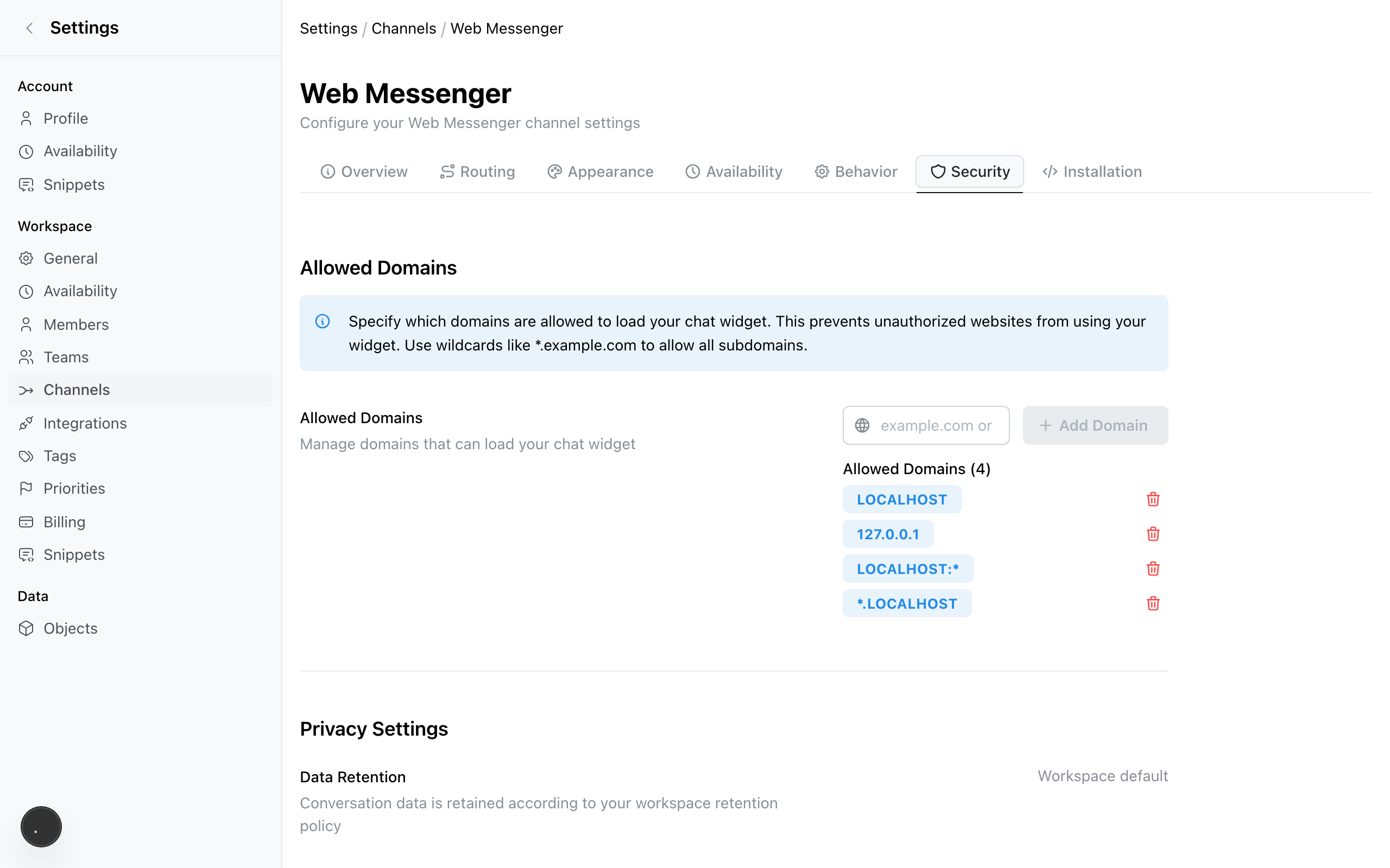 Messenger channel security tab with allowed domains list and add domain input