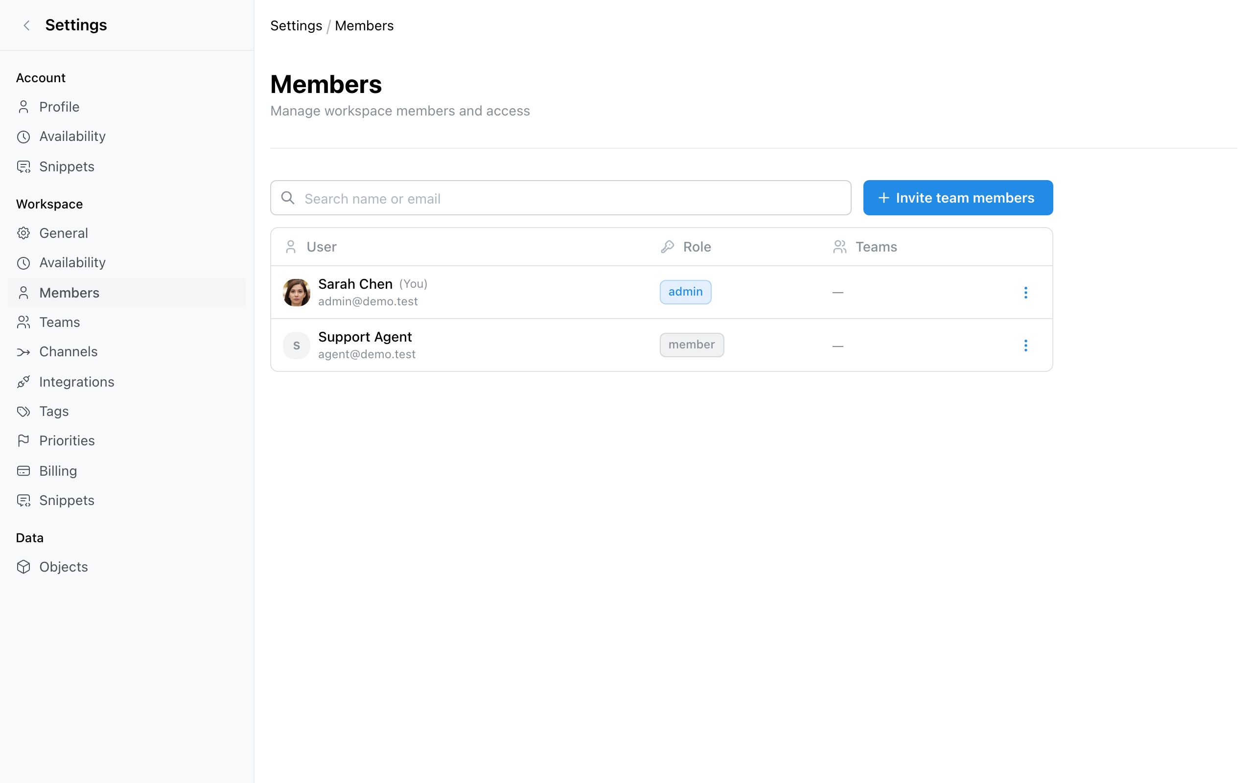 Members settings page showing team member list and invite button