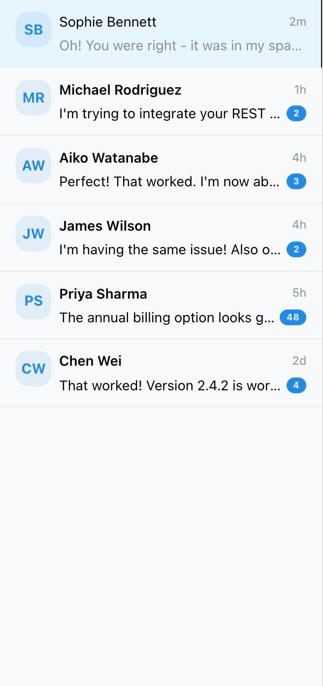 Conversation list pane showing contact names, message previews, and unread badges