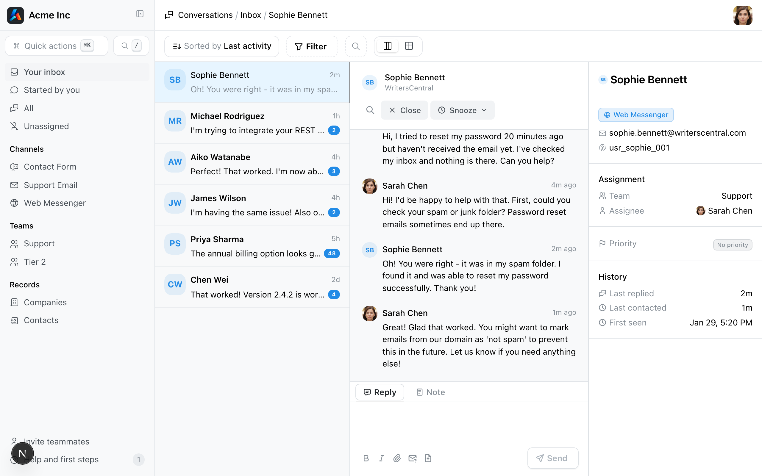 Three-panel inbox layout showing conversation list, message thread, and detail sidebar