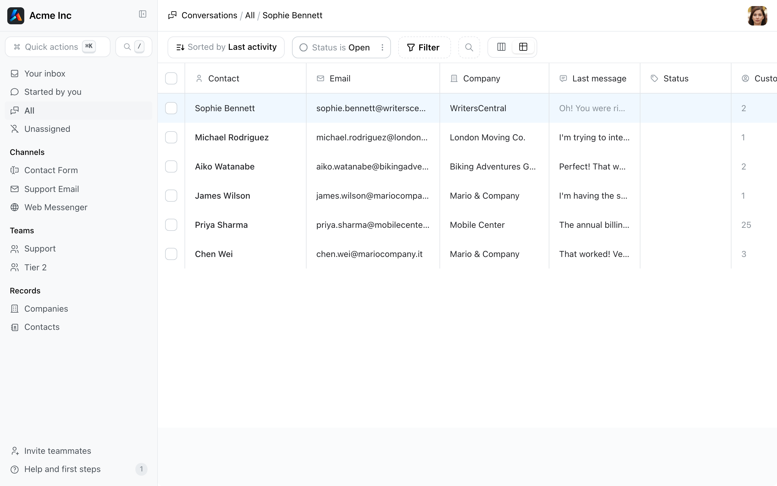 Table layout mode showing spreadsheet-style view with sortable columns